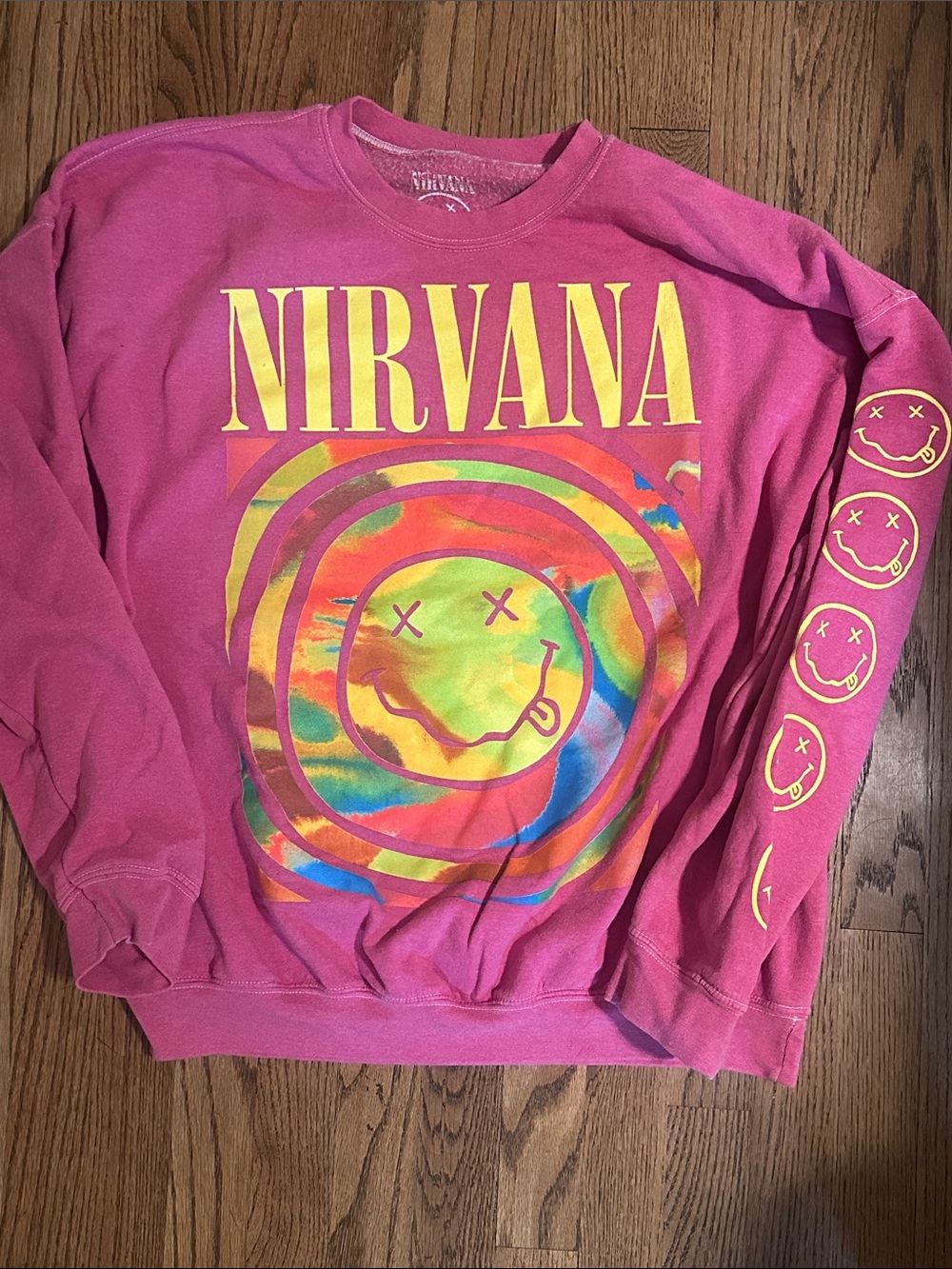 NIRVANA Hot Pink Tie-Dye Smiley Crewneck Sweatshirt